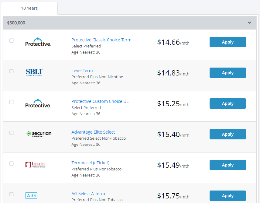 Sample of life insurance premiums